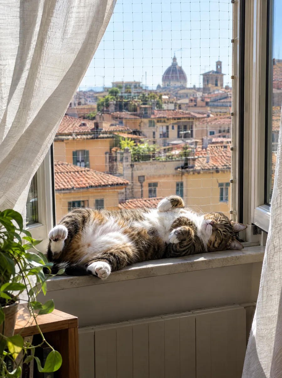 finestra aperta d'estate in un appartamento al quarto piano di città, con una rete di protezione chiara fissata al telaio, un gatto europeo 