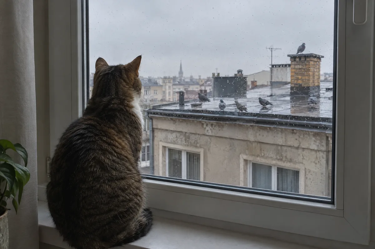 Il gatto fermo sul davanzale a fissare i piccioni sotto la pioggia