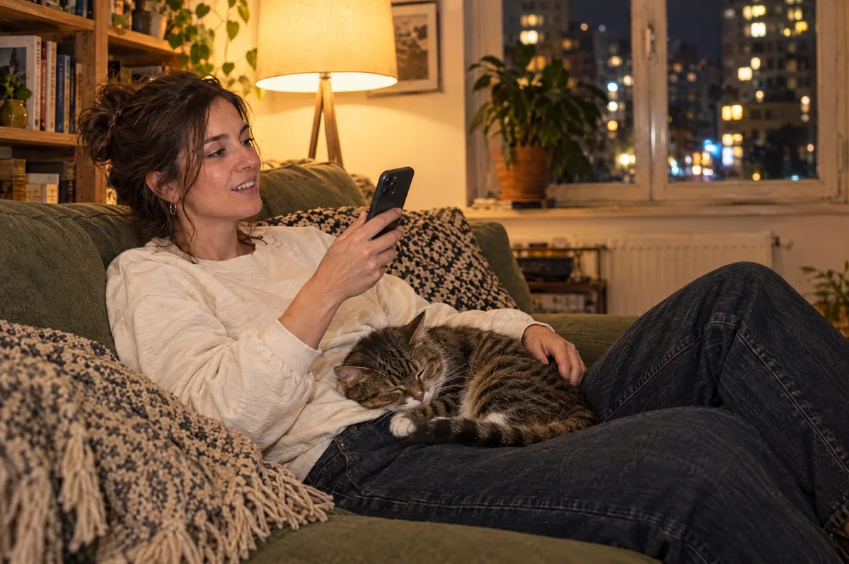 Lei sul divano col telefono, il gatto dorme accoccolato sulle sue gambe