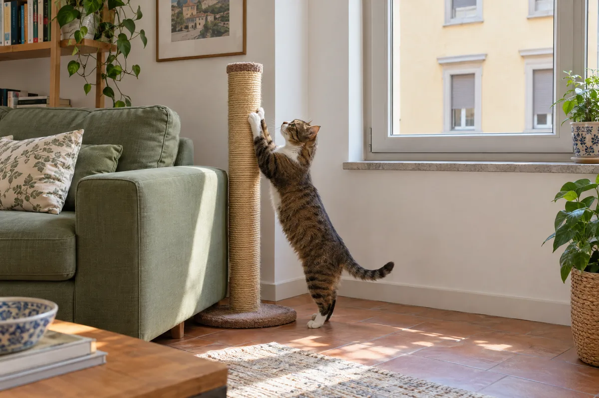 Il gatto si fa le unghie sul tiragraffi accanto al divano intatto