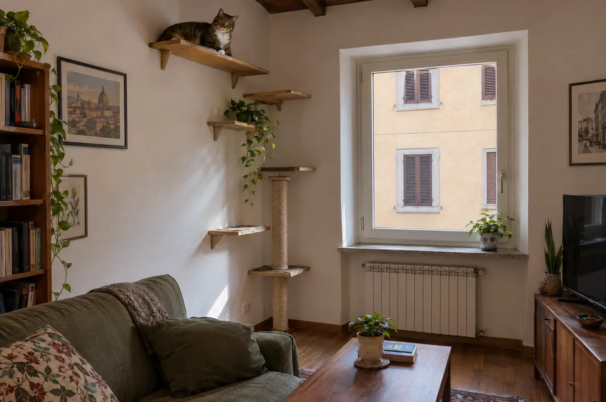 Il gatto sulla mensola più alta del soggiorno, con il percorso di mensole e tiragraffi